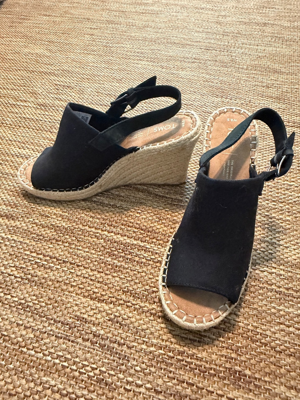 TOMS Black Canvas Peep Toe Espadrille Wedge